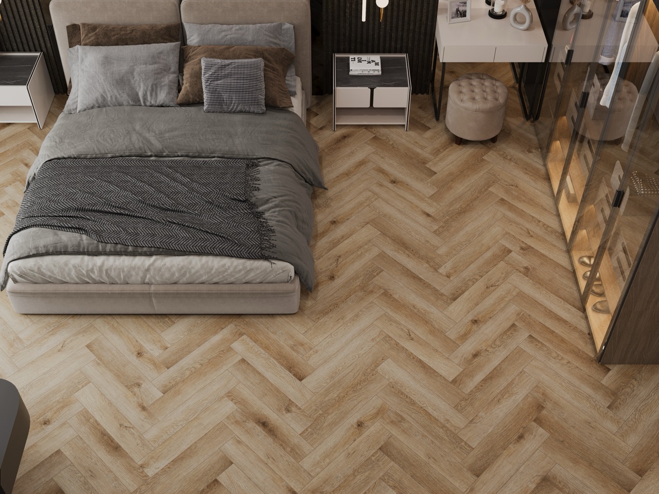 Кварцвиниловый SPC ламинат Cronafloor Herringbone Дуб Монпелье H004 венгерская елка 640×128×4,5 фото в интерьере